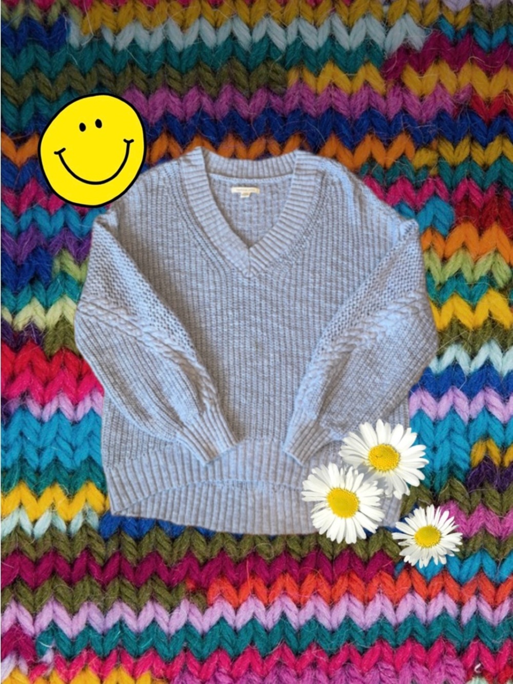 American Eagle Outfitters Light Blue V-Neck Cable Sleeve Sweater